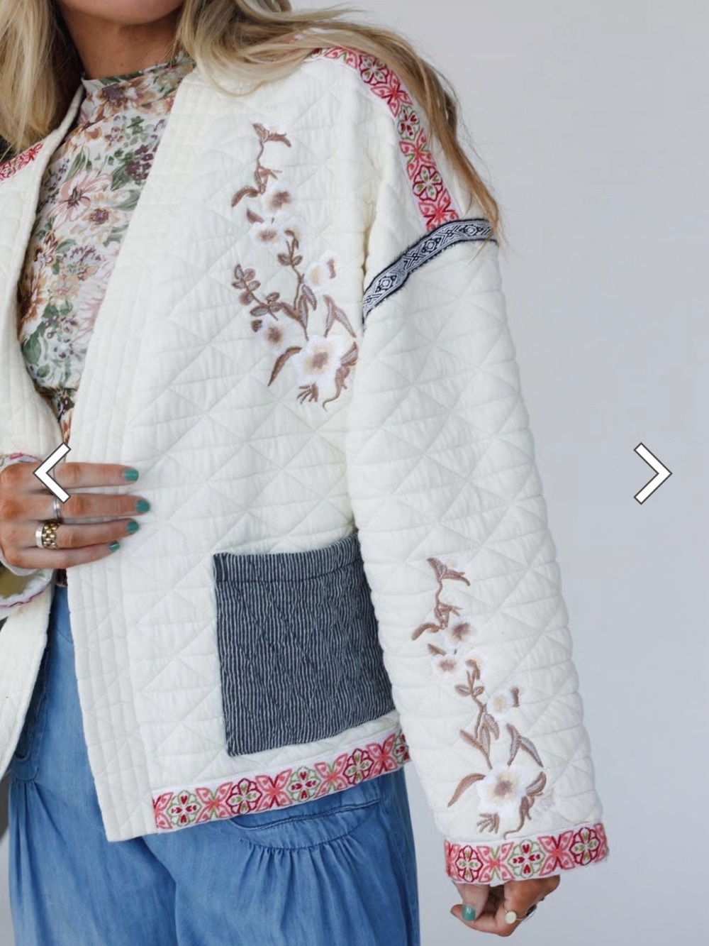 Adeline Embroidered Jacket - cream quilted, flower embroidered